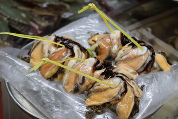 Fresh marinated seafood wrapped in plastic with yellow ties, showcasing vibrant colors and textures, ready for preparation or sale in a market setting.