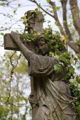A detailed stone statue depicting a figure embracing a cross is intertwined with ivy, contrasted against a backdrop of leafy trees reaching into the sky.
