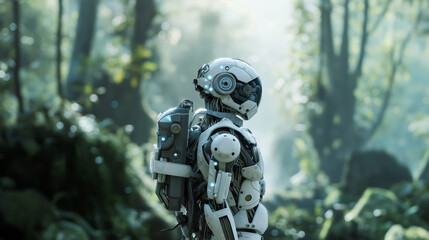 Futuristic AI Robot Exploring Nature: Technology and Environment
