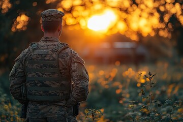 Fototapeta premium Patriotic american soldier coming back home after military assignment