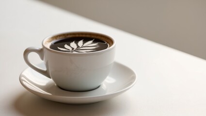 A Cup of Coffee with a Leaf Design on Top.