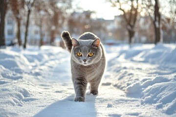 Beautiful grey cat walking in the snow