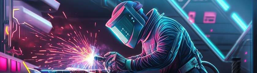 25 A futuristic welder using advanced tech tools to weld metal parts on a spaceship, concept art...