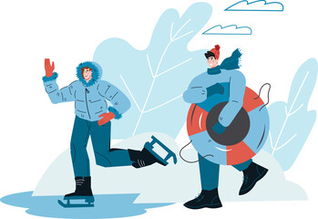 Active young couple in winter season. Woman on skates and man running with tube for sliding down ice slides. Winter fun and sport.
