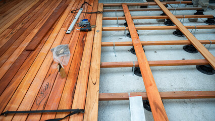 Wooden outside deck construction in progress