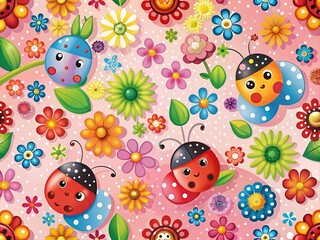 Cute Cartoon Ladybug and Flower Pattern on Pink Background for Kids' Decor