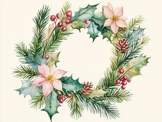 Illustrate a dreamy Christmas message in watercolor, adorned with a wreath of pine, mistletoe, and delicate blossoms