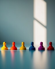 Colorful Game Pieces in a Row on Blue Background.