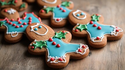 Illustrate Merry Christmas in gingerbread cookies with vivid icing and holly accents on a rustic wooden table