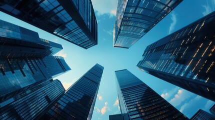 Skyscrapers viewed from below against a clear blue sky. Urban architecture and city skyline concept with upward perspective