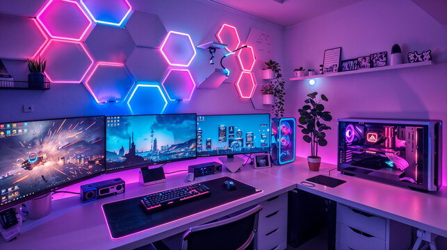 Vibrant gaming setup with neon-lit hexagonal wall panels. Multiple monitors display futuristic cityscapes and space scenes. RGB lighting creates an immersive cyberpunk atmosphere for high-tech enterta