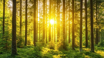 Obraz premium A vibrant sunrise shines through the trees in a dense forest, illuminating the green foliage and casting long shadows.