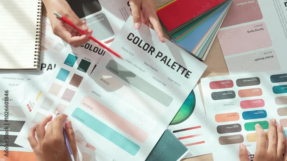 Poster top view slow motion hand closeup on table of two designer choose color for graphic design working o