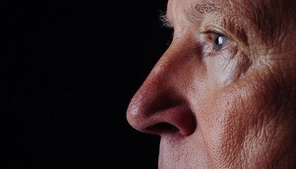 Fototapeta premium Aged man s face in sharp focus, highlighting wrinkles and deep lines, his thoughtful expression reflecting decades of experience and wisdom