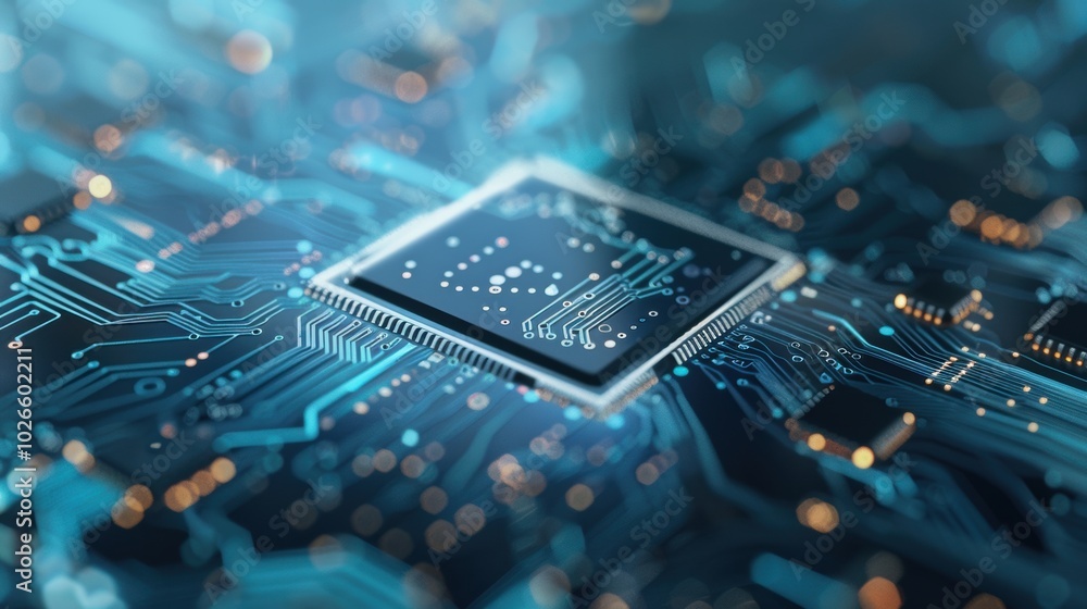 Aufkleber close-up view of a microchip on a blue circuit board. semiconductor technology and electronics desig