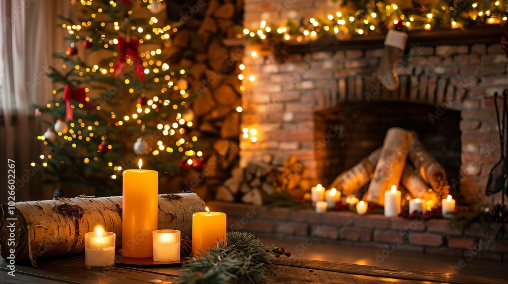 Poster a lit candle display on a table in front of a fireplace. the candles are arranged in a row and are l