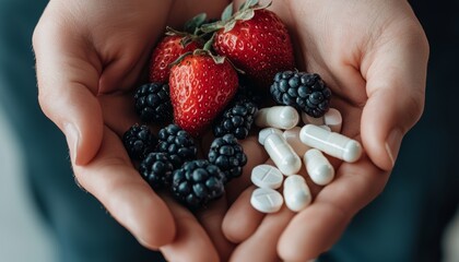 Close-up of hands holding fresh berries in one palm and white pills in the other, symbolizing the balance between natural nutrition and medical supplementation