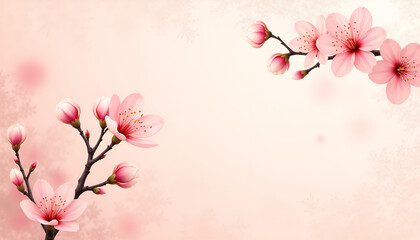 Cherry blossom branches with pink flowers and buds on a soft textured background