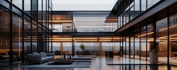 Luxurious modern interior with open space design featuring a lounge area and reflective pool.