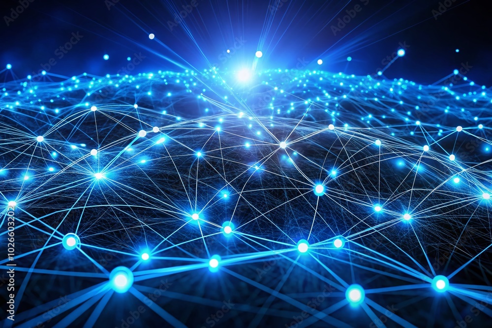 Poster cybernetic abstract network of blue lines and glowing nodes in long exposure - futuristic technology
