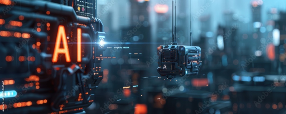 Aufkleber advanced ai technology concept in a futuristic city. ai in futuristic technology for design and prin