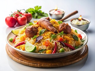 Fototapeta premium Authentic Biryani Dish on White Background - Aromatic Spiced Rice with Chicken, Mutton, and Vegetables for Food Lovers and Culinary Enthusiasts