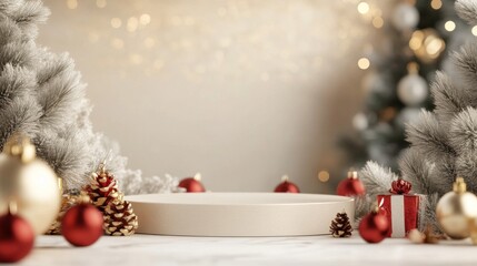 Empty round white podium among Christmas decorations on light background