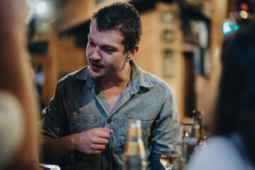 A group of friends engaging in conversation at a cozy bar, showcasing socializing and camaraderie. Warm lighting adds to the friendly and relaxed atmosphere.