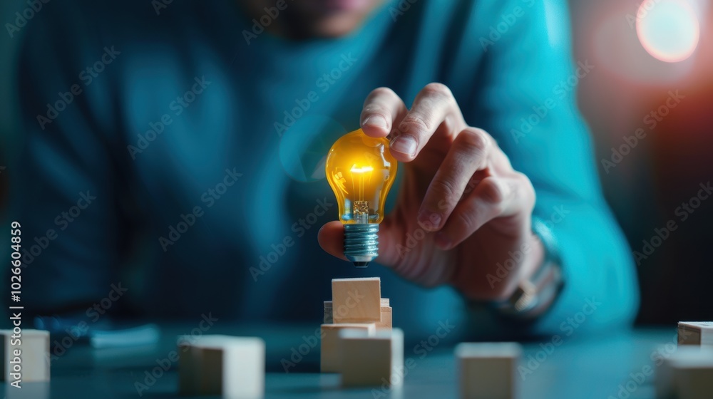 Poster man holding illuminated lightbulb above wooden blocks. creative idea and problem solving concept.