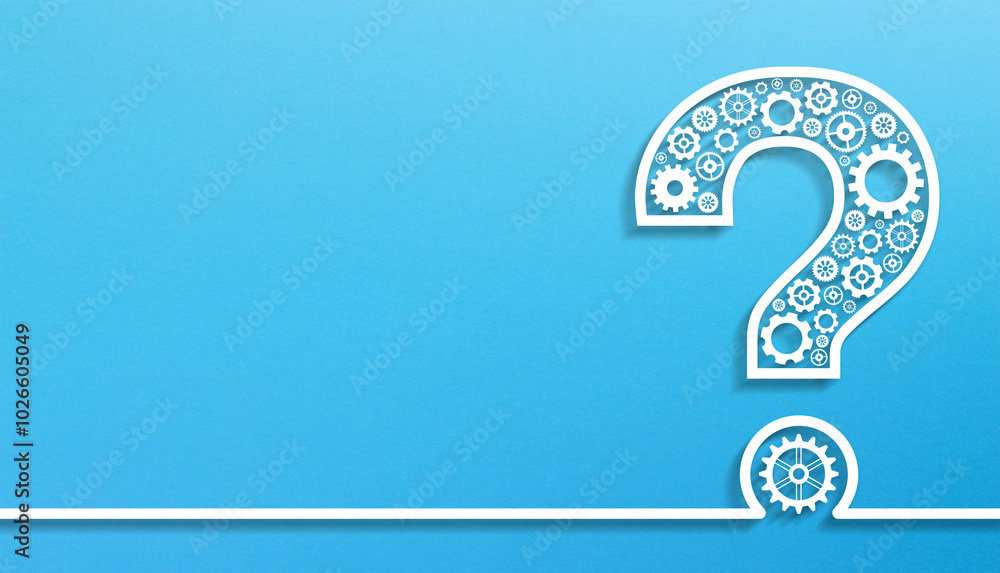 Poster question mark design made of gears with copy space on blue background