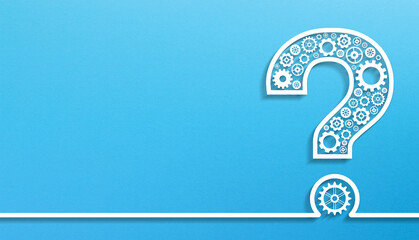 Question mark design made of gears with copy space on blue background
