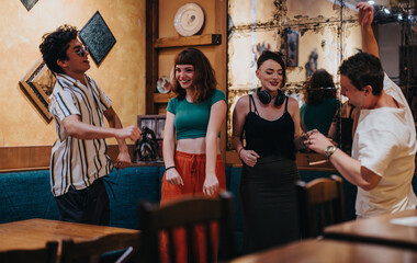 A lively group of young friends enjoying music and dancing in a warm, inviting cafe atmosphere....