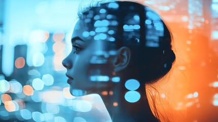 Fototapeta premium A contemplative profile of a young woman with a blurred cityscape overlay, symbolizing urban dreams and modern life.