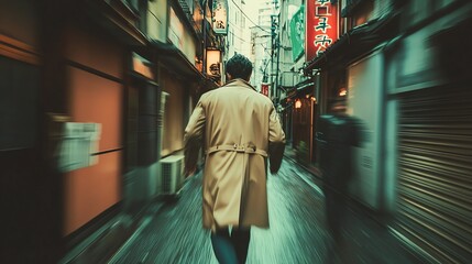 Fototapeta premium A man walks through a narrow alley, enveloped in a rainy atmosphere, showcasing urban exploration and mystery.