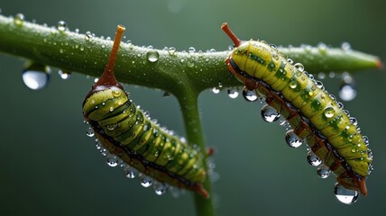 Naklejka premium Two green caterpillars with black stripes, clinging to a wet green stem with raindrops.