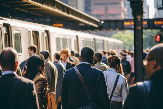 Diverse individuals exiting public transport  a snapshot of everyday urban life and community