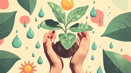 A vibrant illustration of hands planting a young sprout, symbolizing growth, nature, and environmental care.