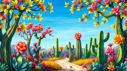 A vibrant PNG illustration features a whimsical border of colorful cacti trees with dynamic design elements and bold