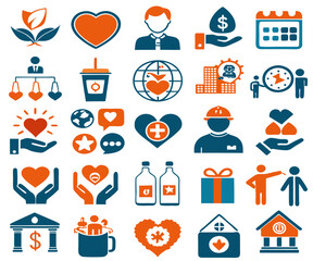 Icons in two colors about charity and donation.