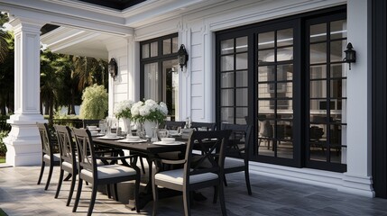 Minimalist veranda design featuring neutral furniture for a tranquil outdoor space