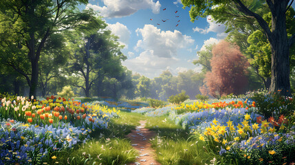 The Enchanting Beauty of Spring – A Pathway Fringed With Lush Blooms Under a Canopied Sky