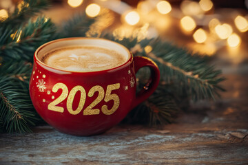 A red cup of hot coffee with a golden number "2025" next to a spruce branch. New years greetings.