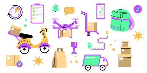 Delivery Vector Set. Drone, Scooter, Box, Courier, Online Shopping, Fast Shipping Collection