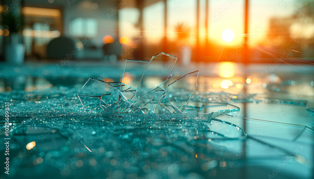 Poster a broken window with a sun shining through the shards of glass. scene is one of destruction and chao