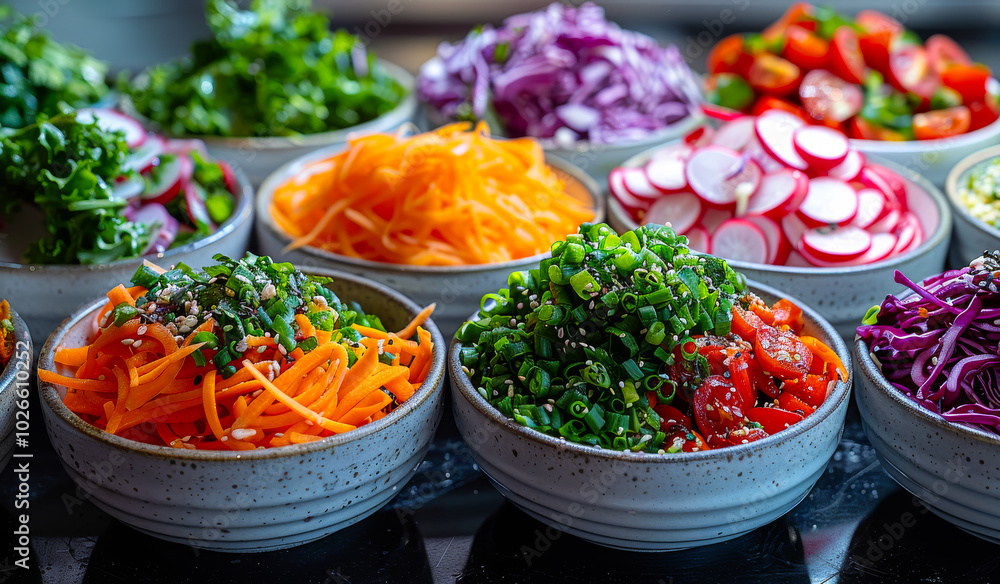 Poster a variety of colorful vegetables are displayed in bowls on a counter. the bowls are arranged in a wa