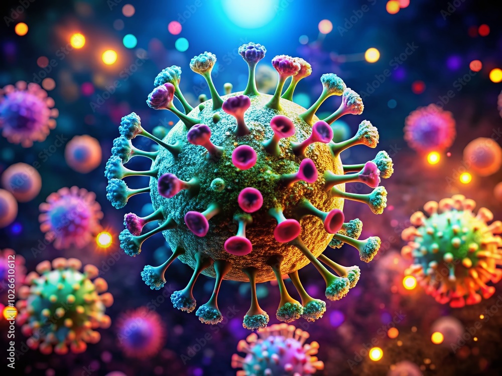 Poster detailed 3d virus representation with bokeh effect on dark background for scientific visualization