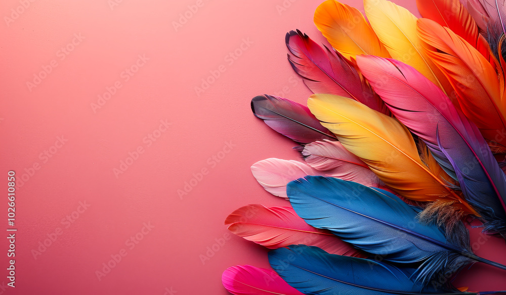 Poster a colorful array of feathers is arranged in a circle on a pink background. the feathers are of vario