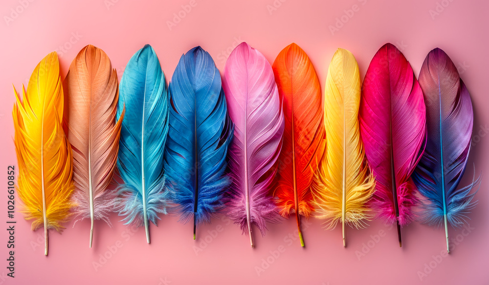 Poster a row of colorful feathers on a pink background. the feathers are arranged in a rainbow pattern, wit