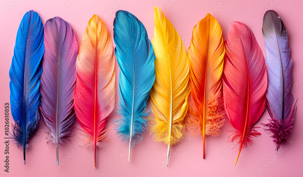 Poster a row of colorful feathers on a pink background. the feathers are arranged in a rainbow pattern, wit