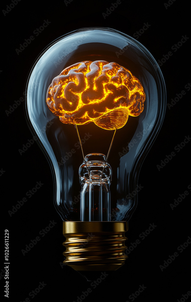 Poster a brain is inside a light bulb. the bulb is lit up and the brain is glowing. concept of intelligence